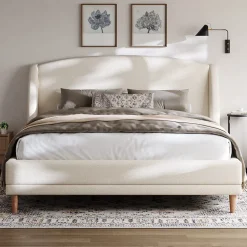 Lit capitonné 140x190 cm - Tête de lit à oreilles - Pieds en bois d'hévéa - Sommier à lattes - Tissu bouclé - Blanc(sans matelas)