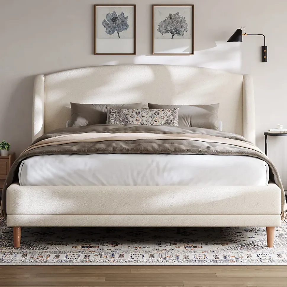 Lit capitonné 140x190 cm - Tête de lit à oreilles - Pieds en bois d'hévéa - Sommier à lattes - Tissu bouclé - Blanc(sans matelas)