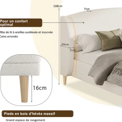 Lit capitonné 140x190 cm - Tête de lit à oreilles - Pieds en bois d'hévéa - Sommier à lattes - Tissu bouclé - Blanc(sans matelas)