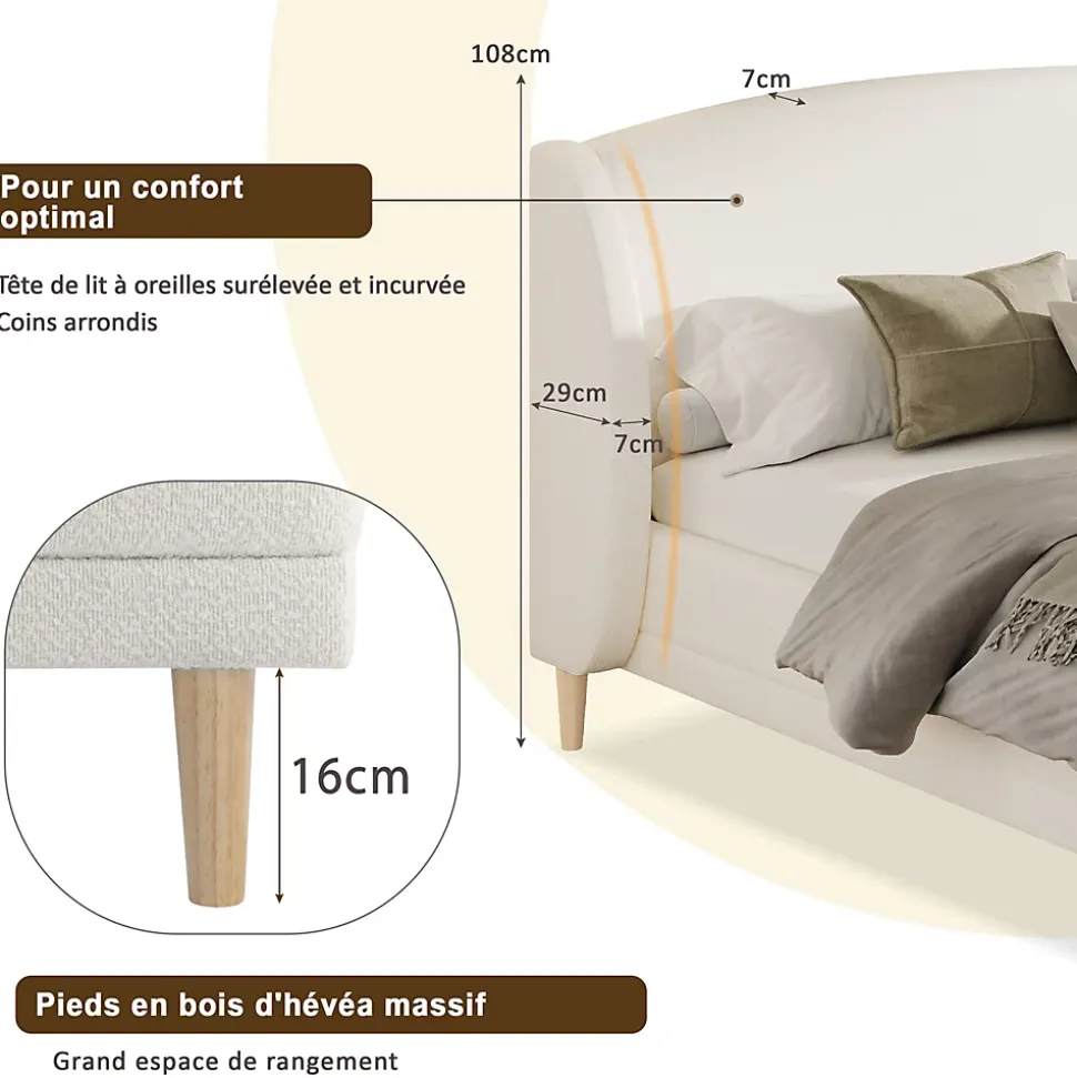 Lit capitonné 140x190 cm - Tête de lit à oreilles - Pieds en bois d'hévéa - Sommier à lattes - Tissu bouclé - Blanc(sans matelas)
