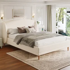 Lit capitonné 140x190 cm - Tête de lit à oreilles - Pieds en bois d'hévéa - Sommier à lattes - Tissu bouclé - Blanc(sans matelas)