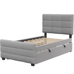 Lit capitonné 90x190cm - lit gigogne - velours - gris (matelas non inclus)