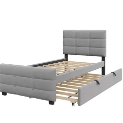 Lit capitonné 90x190cm - lit gigogne - velours - gris (matelas non inclus)