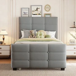 Lit capitonné 90x190cm - lit gigogne - velours - gris (matelas non inclus)