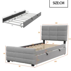Lit capitonné 90x190cm - lit gigogne - velours - gris (matelas non inclus)