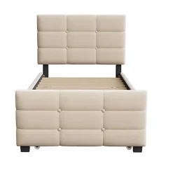 Lit capitonné 90x190cm - lit gigogne - velours - beige (matelas non inclus)