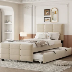 Lit capitonné 90x190cm - lit gigogne - velours - beige (matelas non inclus)