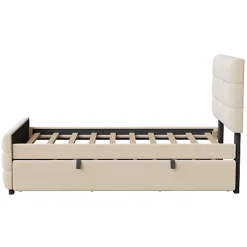 Lit capitonné 90x190cm - lit gigogne - velours - beige (matelas non inclus)