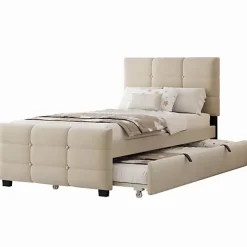 Lit capitonné 90x190cm - lit gigogne - velours - beige (matelas non inclus)
