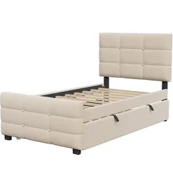 Lit capitonné 90x190cm - lit gigogne - velours - beige (matelas non inclus)