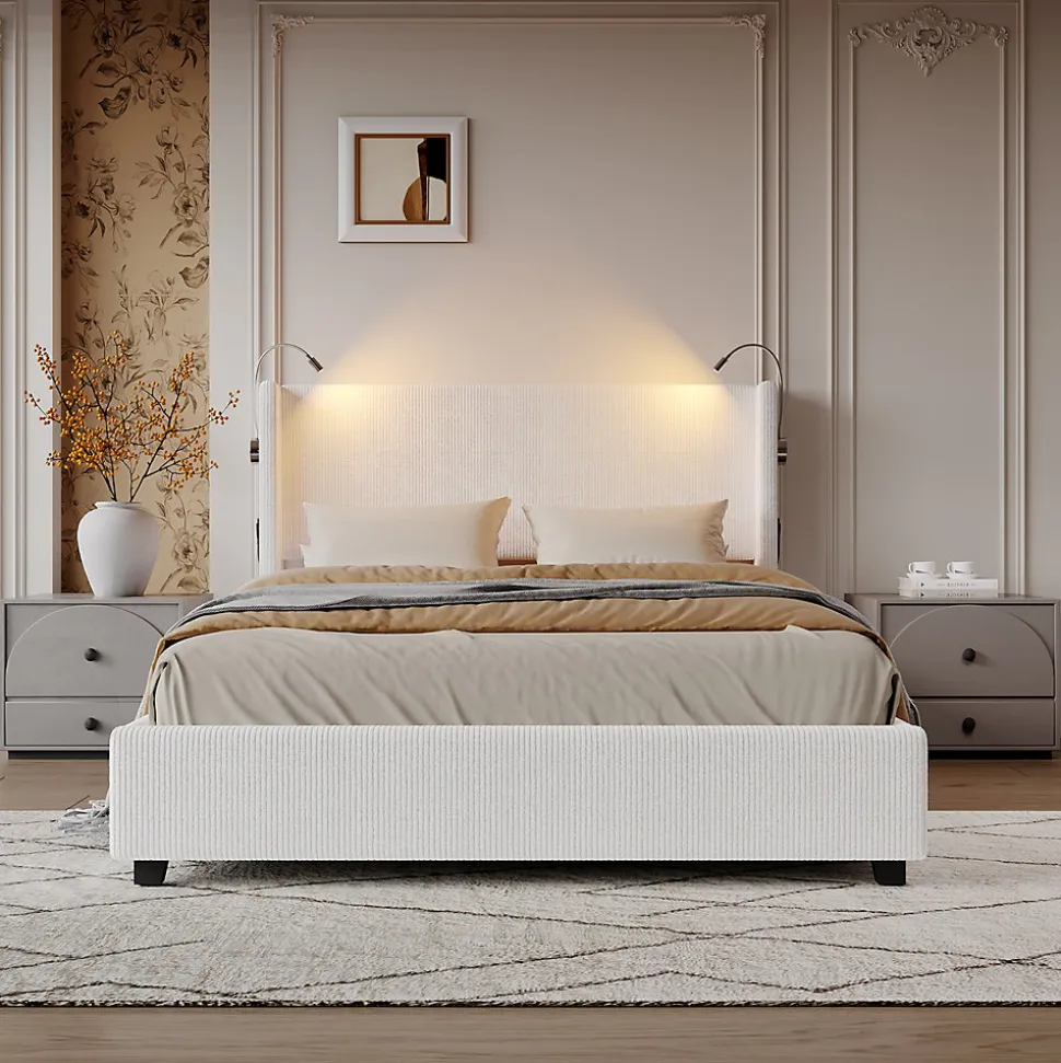 Lit capitonné 140x200cm avec une lampe de lecture , Lit Coffre avec Espace de Rangement, Sommier à Lattes, velours côtelé, Beige