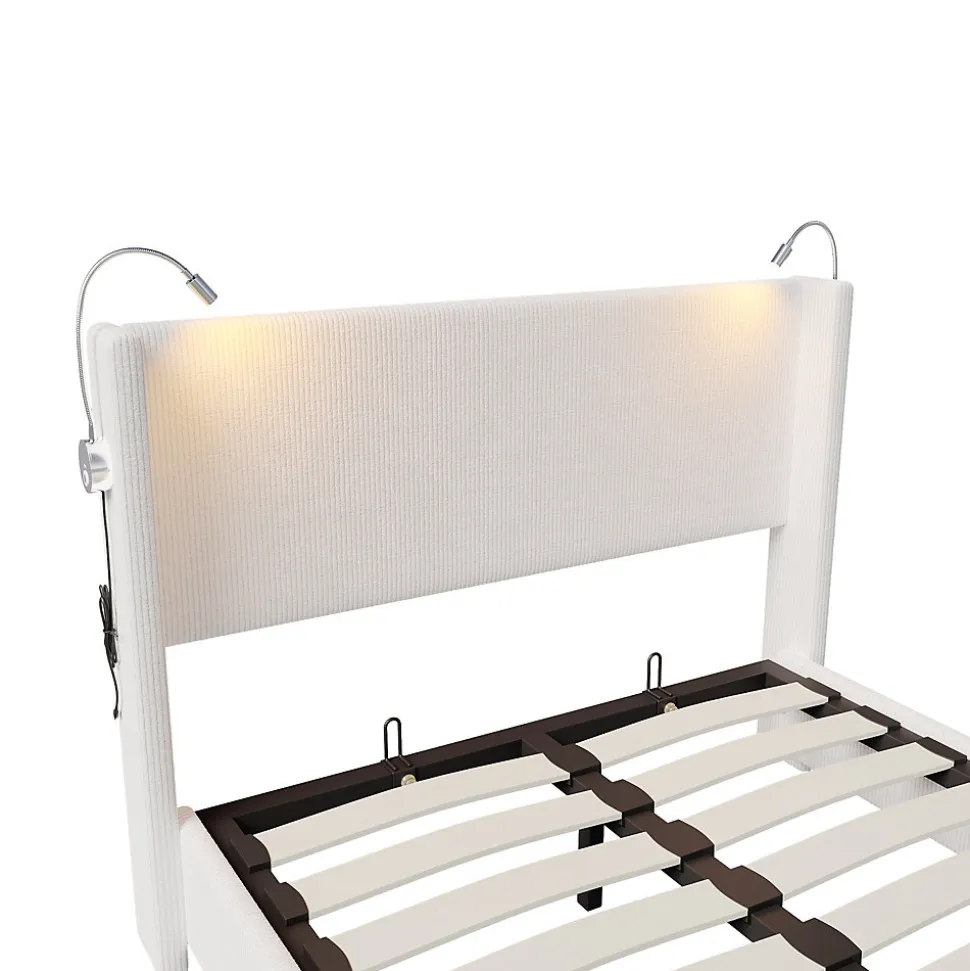 Lit capitonné 140x200cm avec une lampe de lecture , Lit Coffre avec Espace de Rangement, Sommier à Lattes, velours côtelé, Beige