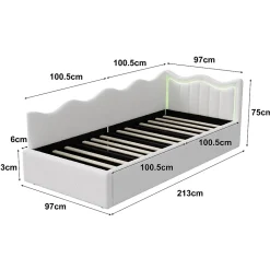 Lit Capitonné 90x200cm, Canapé-lit Coffre Avec Éclairage LED Et Sommier à Lattes, Velours,blanc