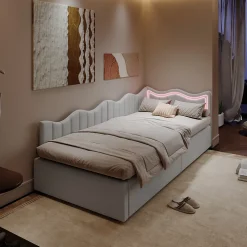 Lit Capitonné 90x200cm, Canapé-lit Coffre Avec Éclairage LED Et Sommier à Lattes, Velours,blanc