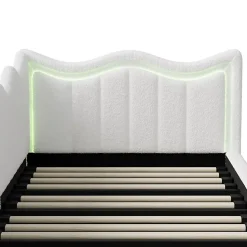 Lit Capitonné 90x200cm, Canapé-lit Coffre Avec Éclairage LED Et Sommier à Lattes, Velours,blanc