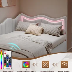 Lit Capitonné 90x200cm, Canapé-lit Coffre Avec Éclairage LED Et Sommier à Lattes, Velours,blanc