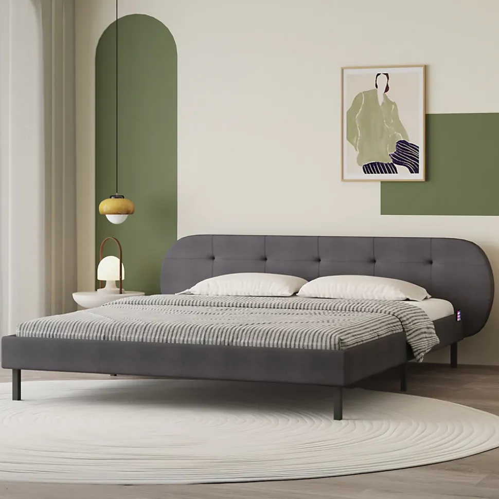 Lit capitonné 160x200cm gris avec tête de lit et sommier - TULSA