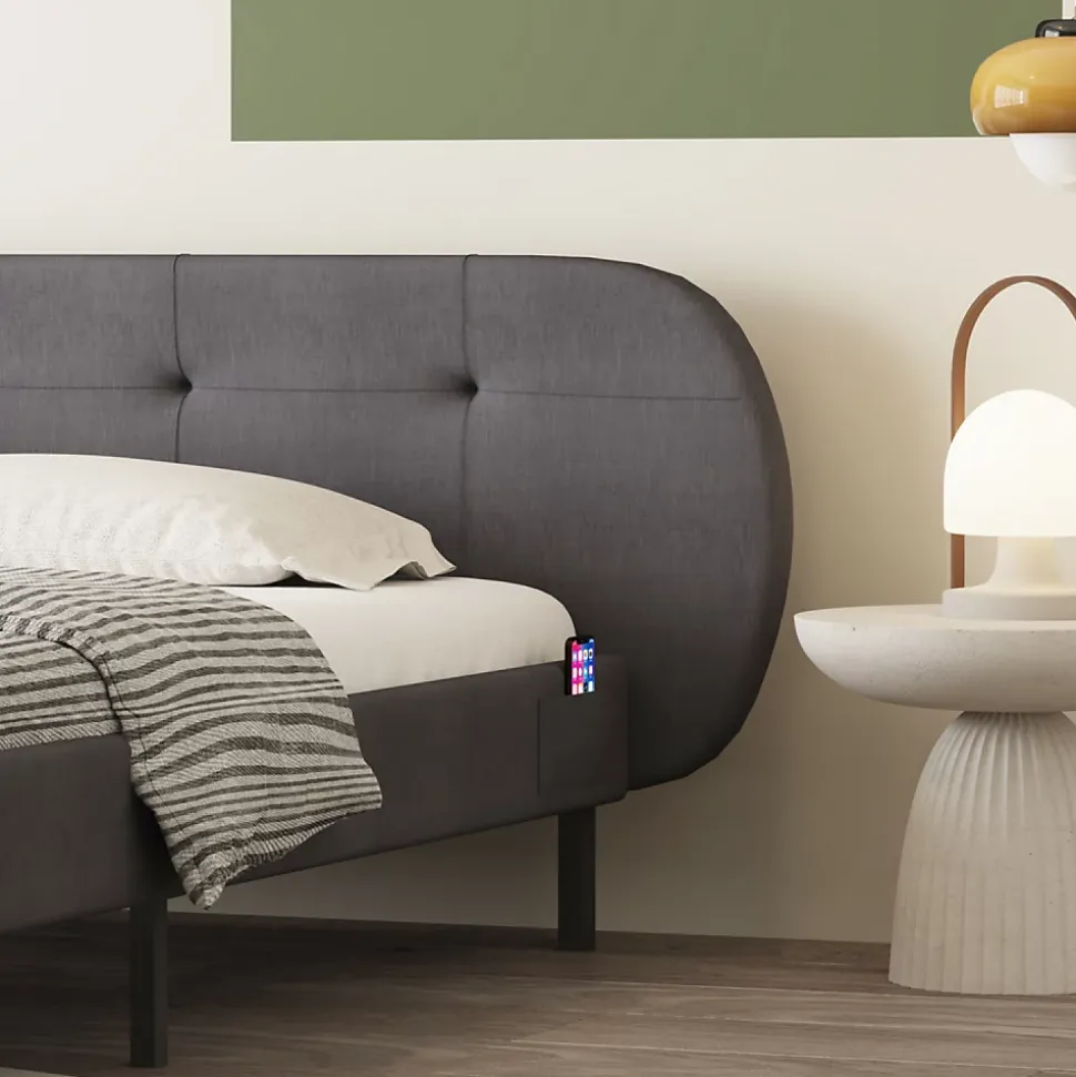 Lit capitonné 140x190cm gris avec tête de lit et sommier - TULSA