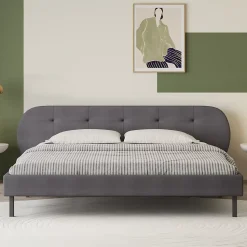 Lit capitonné 140x190cm gris avec tête de lit et sommier - TULSA