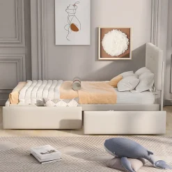 Lit capitonne 90 x 200 cm - avec 2 tiroirs, sommier à lattes et tête de lit relevable, tissu velours, style scandinave - Beige