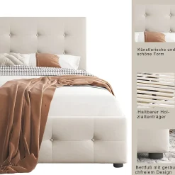 Lit capitonne 90 x 200 cm - avec 2 tiroirs, sommier à lattes et tête de lit relevable, tissu velours, style scandinave - Beige