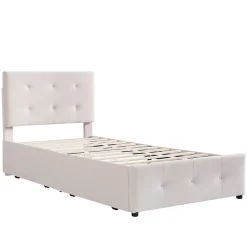 Lit capitonne 90 x 200 cm - avec 2 tiroirs, sommier à lattes et tête de lit relevable, tissu velours, style scandinave - Beige