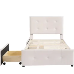 Lit capitonne 90 x 200 cm - avec 2 tiroirs, sommier à lattes et tête de lit relevable, tissu velours, style scandinave - Beige