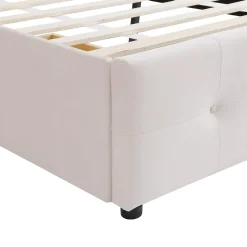 Lit capitonne 90 x 200 cm - avec 2 tiroirs, sommier à lattes et tête de lit relevable, tissu velours, style scandinave - Beige