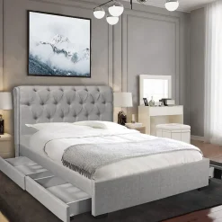 Lit CHELSEA 160x200 + 4 tiroirs + sommier / Gris clair