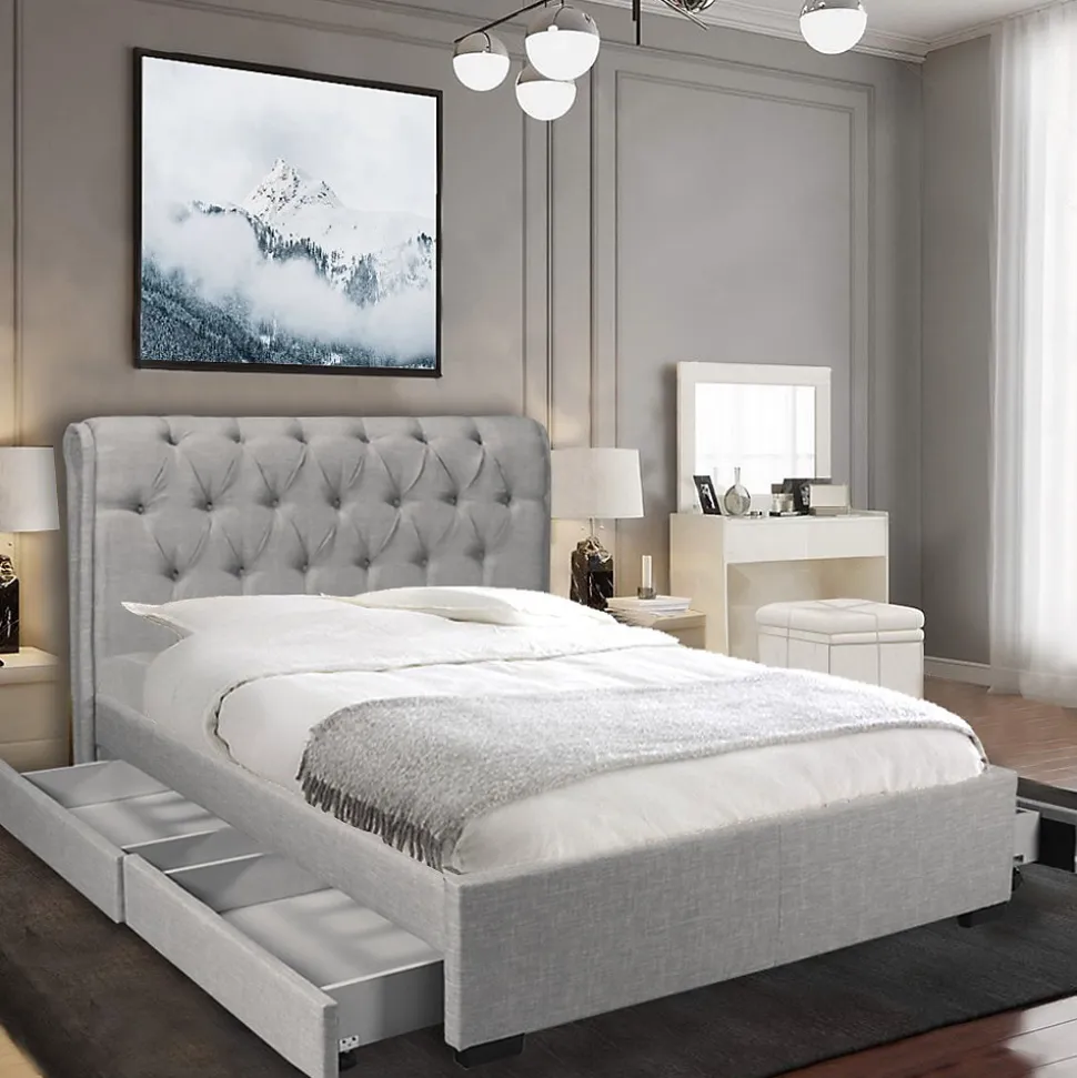 Lit CHELSEA 140x190 + 4 tiroirs + sommier / Gris clair