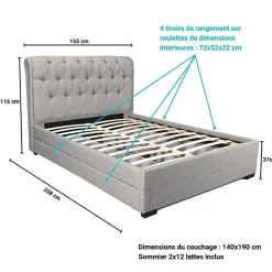 Lit CHELSEA 140x190 + 4 tiroirs + sommier / Gris clair