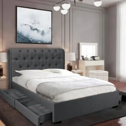 Lit CHELSEA 140x190+ 4 tiroirs + sommier / Gris foncé