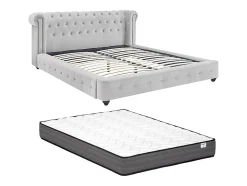 Lit chesterfield 160 x 200 cm - Velours - Gris clair + Matelas - TONGERLA