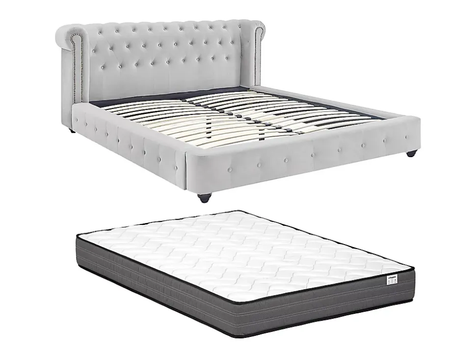 Lit chesterfield 160 x 200 cm - Velours - Gris clair + Matelas - TONGERLA