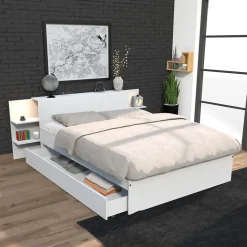 Lit CITY 140x190 + tête de lit chevet + 1 tiroir / Blanc