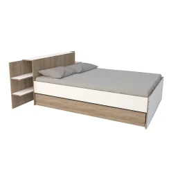 Lit CITY 140x190 + tête de lit chevet + 1 tiroir / Décor Blanc & chêne blanchi