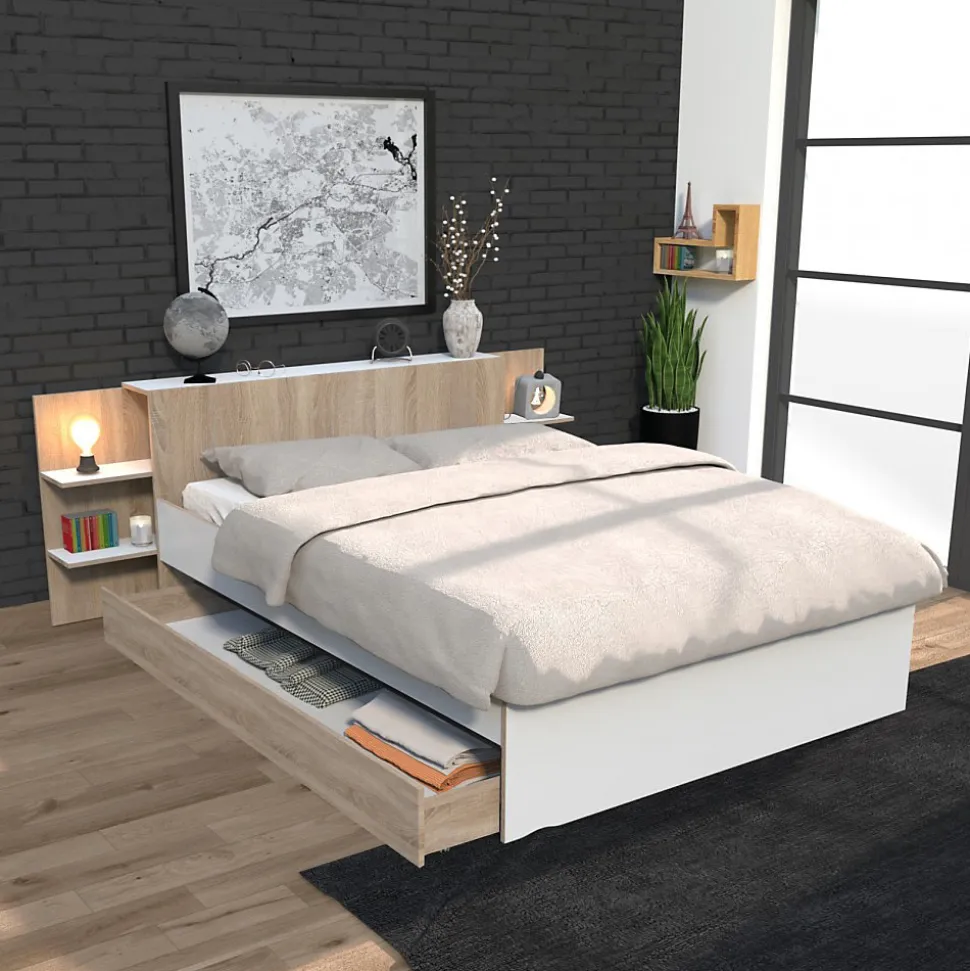 Lit CITY 140x190 + tête de lit chevet + 1 tiroir / Décor Blanc & chêne blanchi