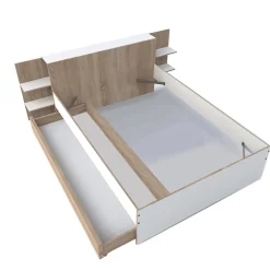 Lit CITY 140x190 + tête de lit chevet + 1 tiroir / Décor Blanc & chêne blanchi