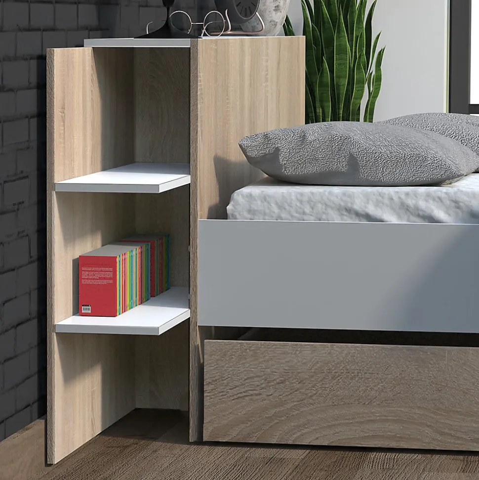 Lit CITY 140x190 + tête de lit chevet + 1 tiroir / Décor Blanc & chêne blanchi