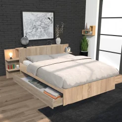 Lit CITY 140x190 + tête de lit chevet + 1 tiroir /Décor Chêne blanchi