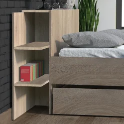 Lit CITY 140x190 + tête de lit chevet + 1 tiroir /Décor Chêne blanchi