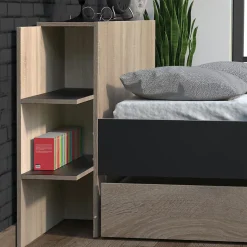 Lit CITY 140x190 + tête de lit chevet+ 1 tiroir / Décor Noir & chêne blanchi