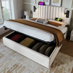 Lit Coffre - Lit Double 140x200 cm avec Rangement Hydraulique et Lampe de Lecture - Cadre en Coton - Beige - sans Matelas