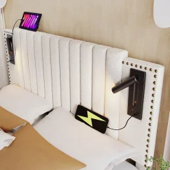 Lit Coffre - Lit Double 140x200 cm avec Rangement Hydraulique et Lampe de Lecture - Cadre en Coton - Beige - sans Matelas