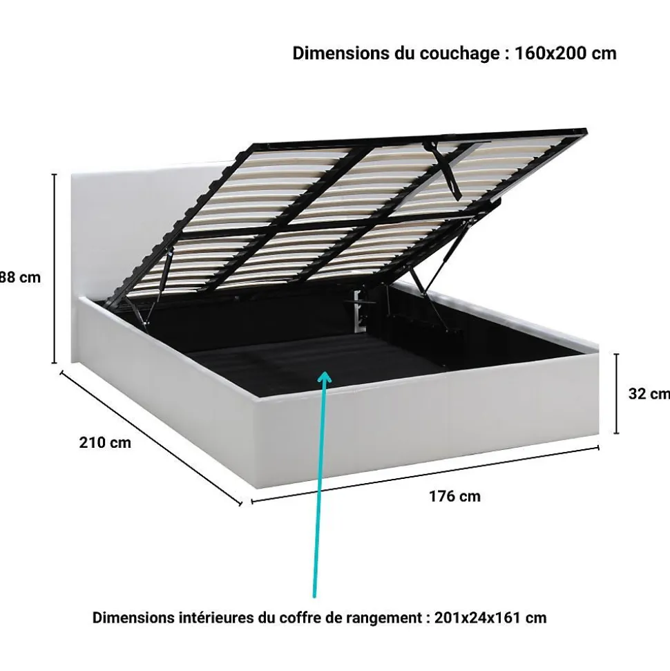 Lit coffre 2 places 160x200cm blanc avec sommier BACELAN