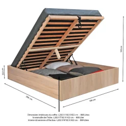 Lit coffre 2 places 180x200cm couleur chêne avec sommier BILYBA