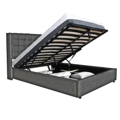 Lit coffre 2 places 160x200cm tissu Gris foncé avec sommier WALLE