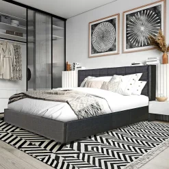 Lit coffre 2 places 160x200cm tissu Gris foncé avec sommier WALLE