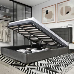 Lit coffre 2 places 160x200cm tissu Gris foncé avec sommier WALLE