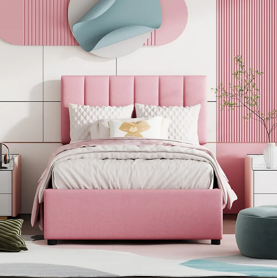 Lit coffre 90 sur 200 cm avec sommier hydraulique tête de lit en lin doux rose pour adultes ou adolescents